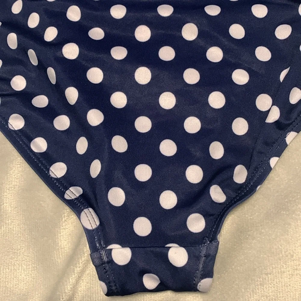 Lands' End girls navy blue polka dots Swimsuit with Rainbow Strap one piece 10
